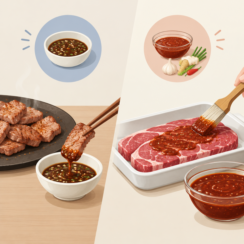 AI 생성 설명 이미지: 안산일동맛집 유니드정육식당 | 찍어 먹는 소스와 재움 양념의 차이