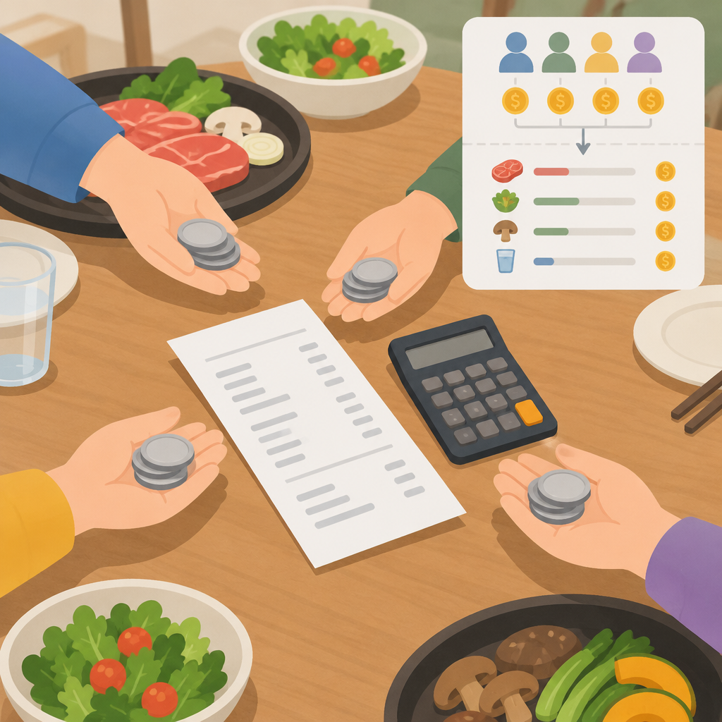 AI 생성 설명 이미지: 안산일동맛집 유니드정육식당 | 모임 식사비, 균등 분담과 항목별 정산 비교